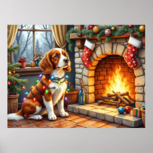 Póster Brittany Spaniel Chimenea con Luces de Navidad