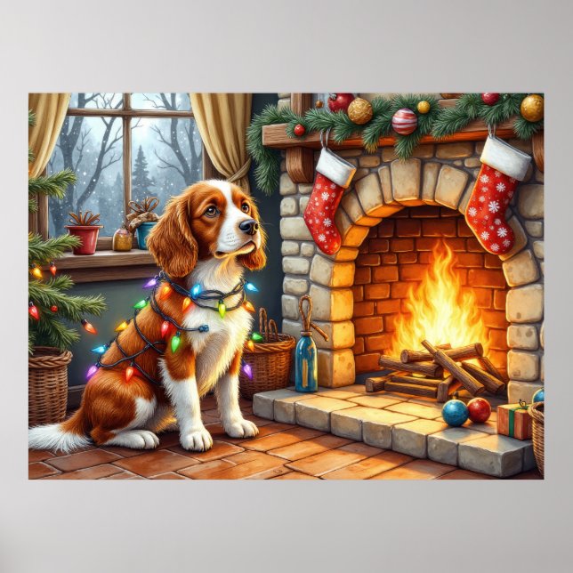 Póster Brittany Spaniel Chimenea con Luces de Navidad (Frente)