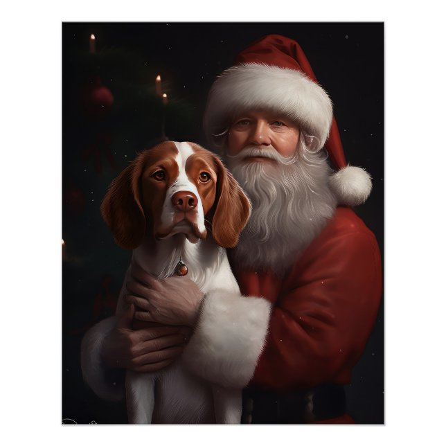 Póster Brittany Spaniel con Santa Claus Navidad (Anverso)