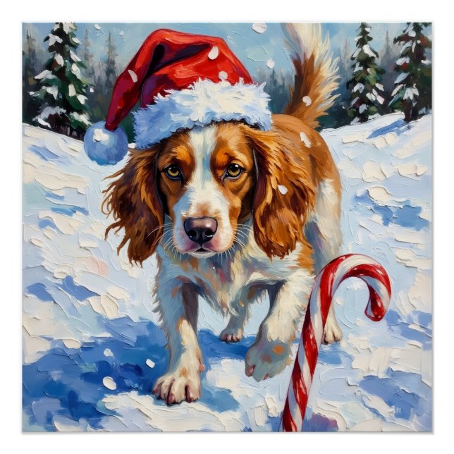 Póster Brittany Spaniel Dog Pointing at Christmas Candy (Anverso)
