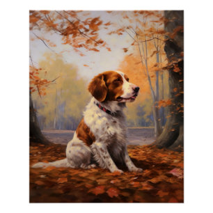 Póster Brittany Spaniel en otoño inspira caída de hojas