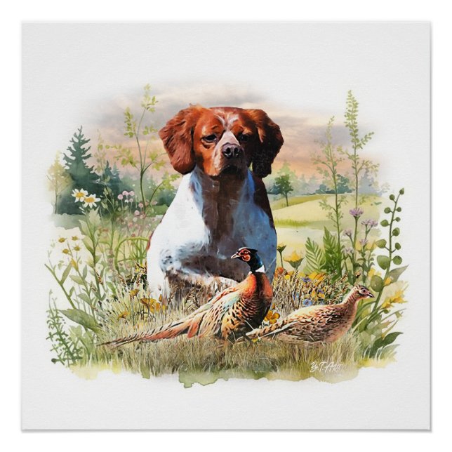 Póster Brittany Spaniel – Field, Focus, Pheasant , Art  (Anverso)