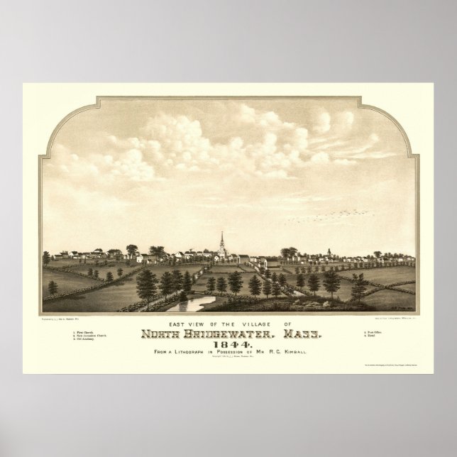 Póster Brockton, MAMÁES Mapa Panorámico - 1844 (Frente)