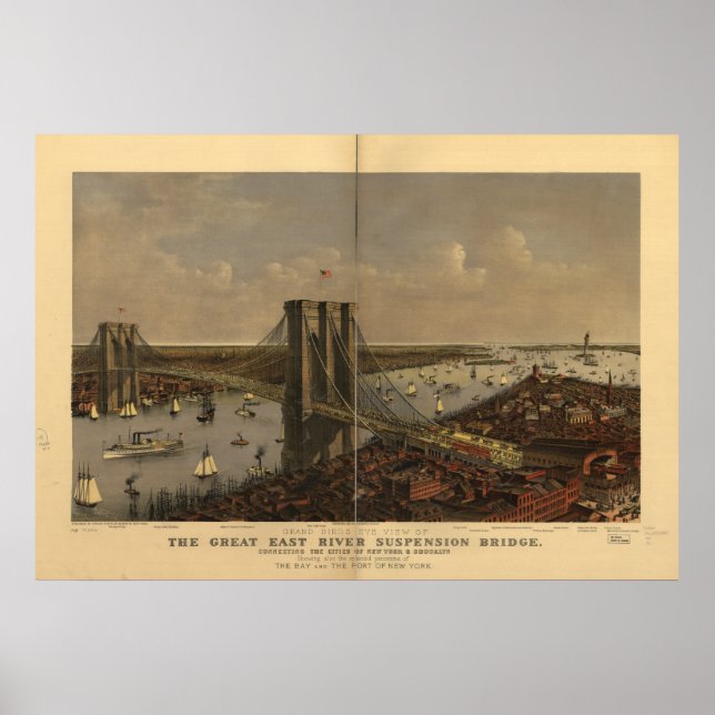 Póster Brooklyn Bridge New York 1885 Antique Panorama (Frente)