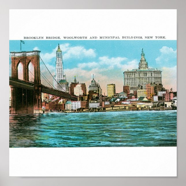 Póster Brooklyn Bridge, Woolworth and Municipal... (Frente)