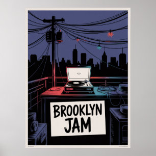 Póster Brooklyn Jam Rooftop Tocadiscos Noche Skyline