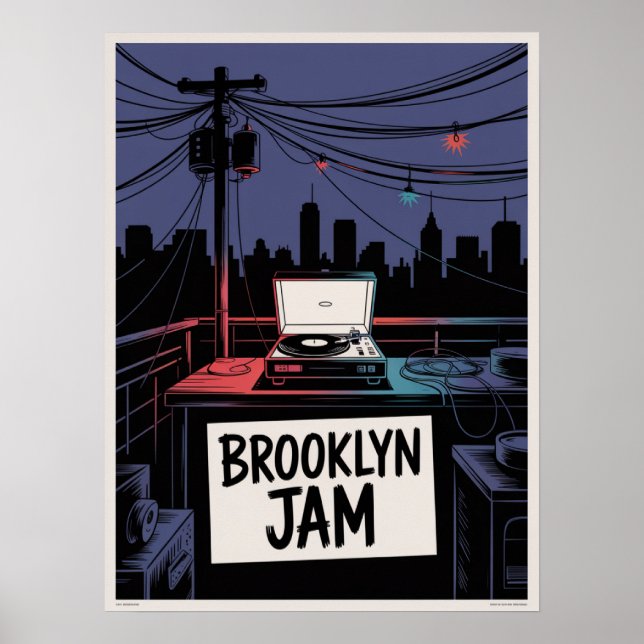 Póster Brooklyn Jam Rooftop Tocadiscos Noche Skyline (Frente)