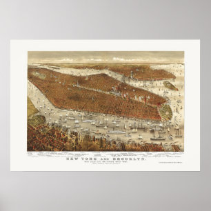 Póster Brooklyn, mapa panorámico de NY - 1877