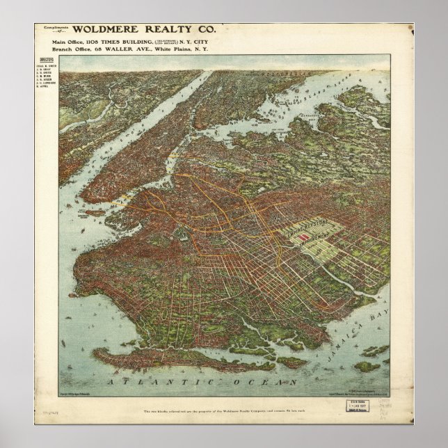 Póster Brooklyn New York 1908 Antique Panoramic Map (Frente)