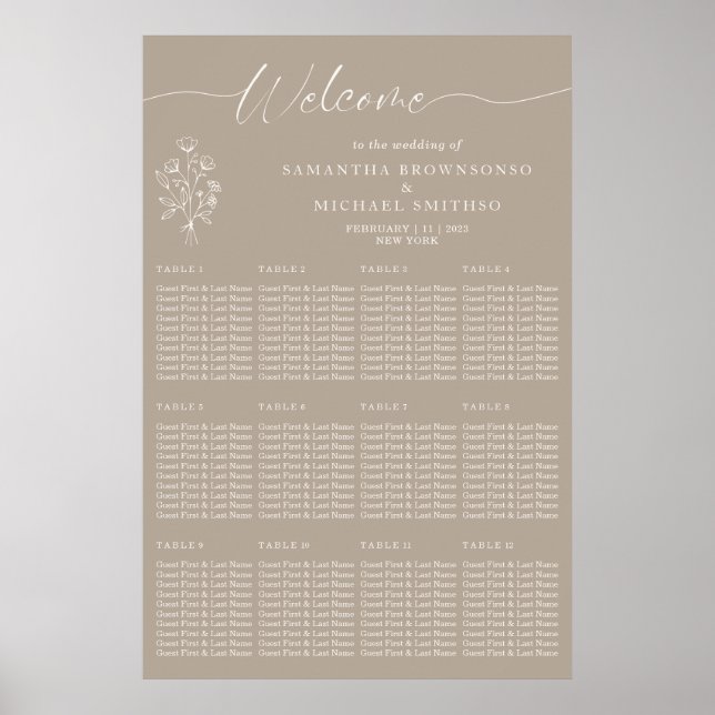 Póster Brown Beige Botanical Floral Welcome Wedding (Frente)
