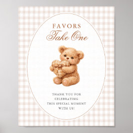 Póster Brown Gingham Teddy Bear Neutral Baby Shower Paper
