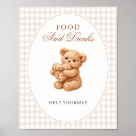 Póster Brown Gingham Teddy Bear Neutral Baby Shower Paper