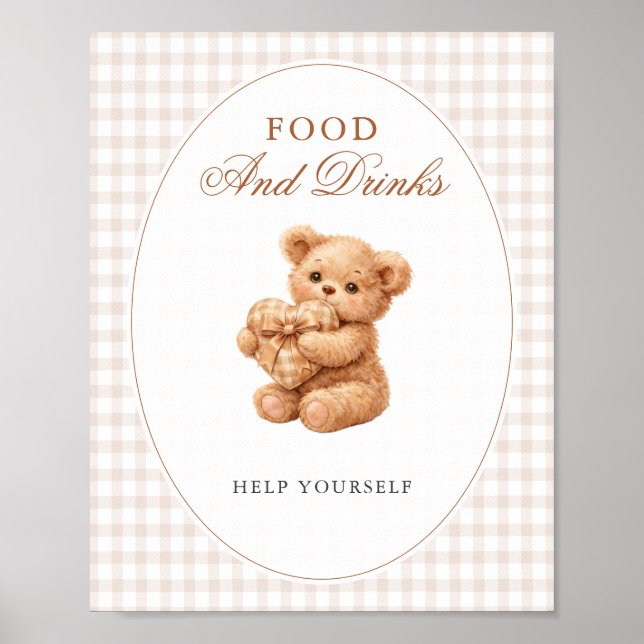 Póster Brown Gingham Teddy Bear Neutral Baby Shower Paper (Frente)