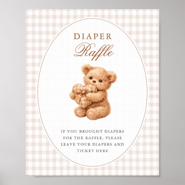 Póster Brown Gingham Teddy Bear Neutral Baby Shower Paper (Frente)