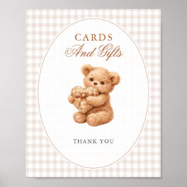 Póster Brown Gingham Teddy Bear Neutral Baby Shower Paper