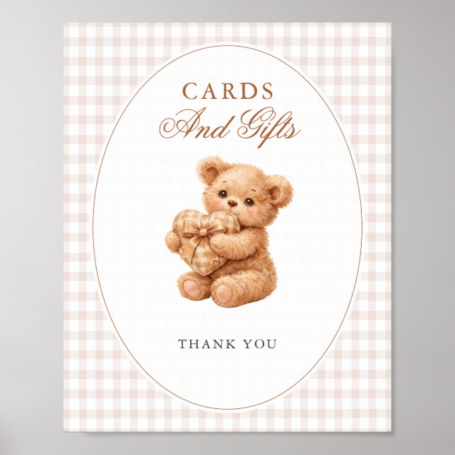 Póster Brown Gingham Teddy Bear Neutral Baby Shower Paper (Frente)