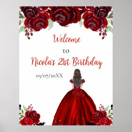 Póster Brown Hair Princess Red Birthday Welcome
