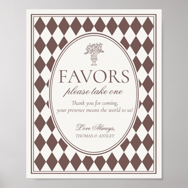 Póster Brown Harlequin Checkered Wedding Favors Sign (Frente)