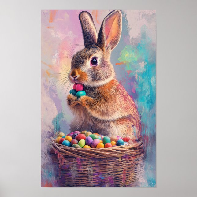 Póster Brown rabbit eating Easter candy eggs vertical (Frente)