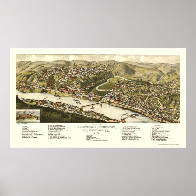 Póster Brownsville, Mapa Panorámico PA - 1883 (Frente)