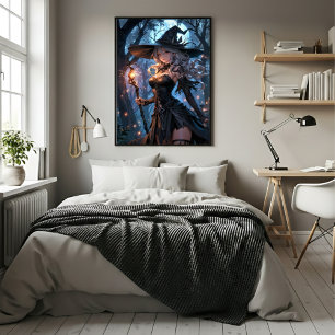 Póster Bruja a la luz de la luna en el bosque encantado