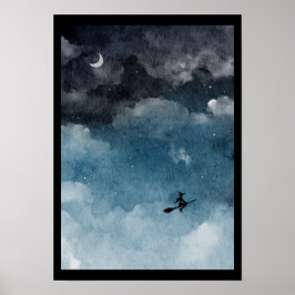 Póster Bruja acuarela en un cielo nocturno oscuro