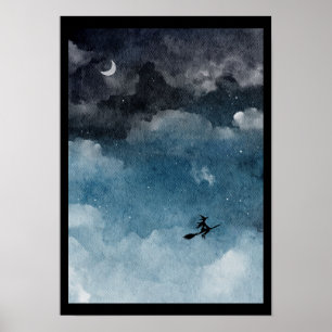 Póster Bruja acuarela en un cielo nocturno oscuro