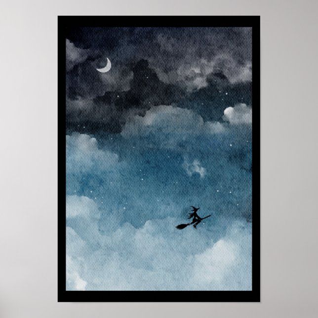 Póster Bruja acuarela en un cielo nocturno oscuro (Frente)