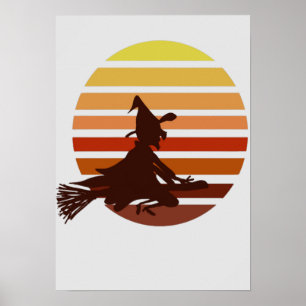 Póster bruja al atardecer diversión halloween