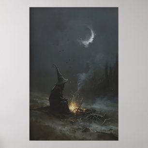Póster Bruja Alquimista Solitaria por la Noche, Fantasía