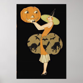 Póster Bruja Art Deco Jack O Lantern Calabaza Gato Negro