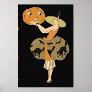 Póster Bruja Art Deco Jack O Lantern Calabaza Gato Negro