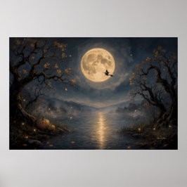 Póster Bruja bajo la luna llena gótica Halloween lago