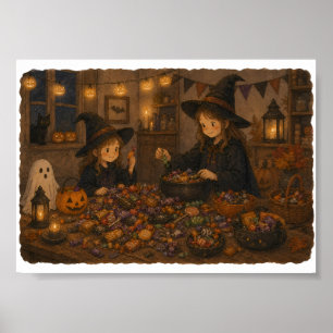 Póster Bruja Clasificando Caramelos de Halloween para Ama