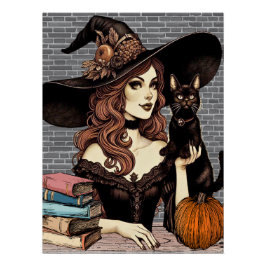Póster Bruja con gato negro y libros