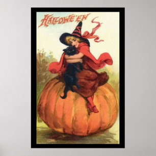 Póster Bruja de calabaza de Halloween en rojo sobre una c