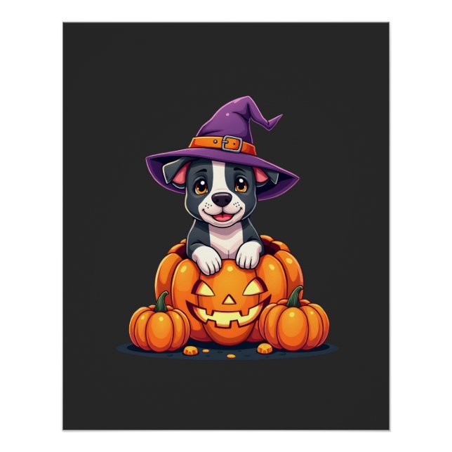 Póster Bruja De Calabaza Pitbull Divertida Perro De Hallo (Anverso)