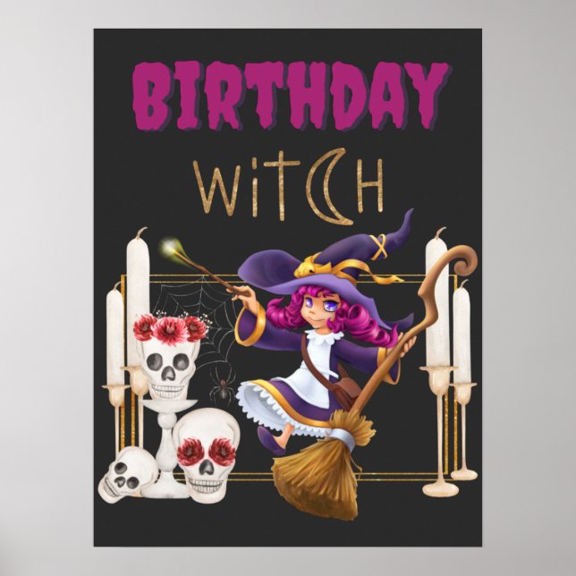 Póster Bruja De Cumpleaños Nacida En Un Fiesta De Hallowe (Frente)