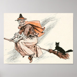 Póster Bruja de época con Poster de baño y gato