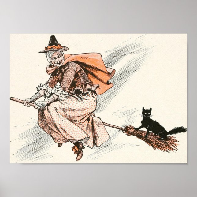 Póster Bruja de época con Poster de baño y gato (Frente)