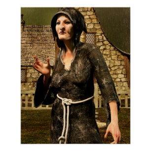 Póster Bruja de fantasía pueblo medieval Halloween
