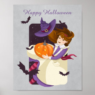 Póster Bruja de Halloween con calabaza