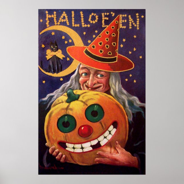 Póster Bruja de Halloween con calabaza divertida (Frente)