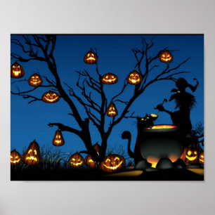 Póster Bruja de Halloween con calabazas
