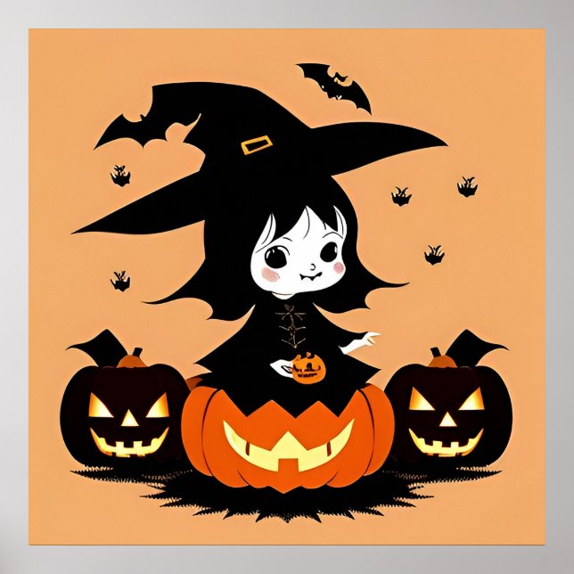 Póster Bruja de Halloween con calabazas (Frente)
