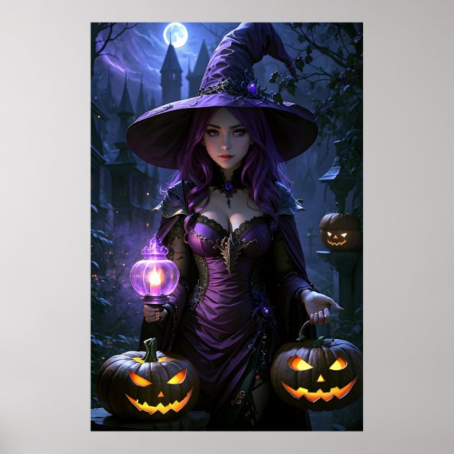 Póster Bruja de Halloween con dibujos animados (Frente)