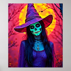 Póster Bruja de Halloween con diseño de cara de cráneo