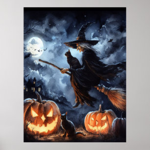 Póster Bruja de Halloween con escoba y gato
