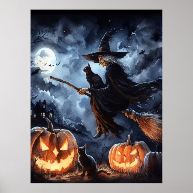 Póster Bruja de Halloween con escoba y gato (Frente)