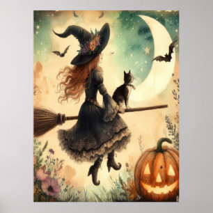 Póster Bruja de Halloween con escoba y gato